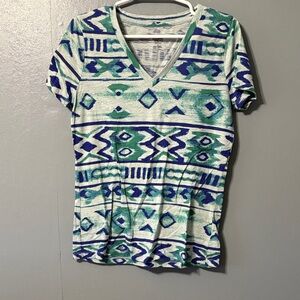Mossimo Supply Co. Blue and Green Geometric V-Neck Tee